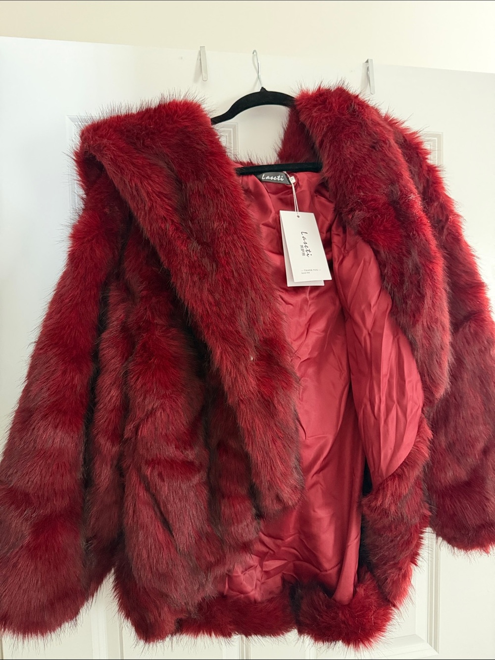 NWT Red Faux Fur Coat with Hood size Medium